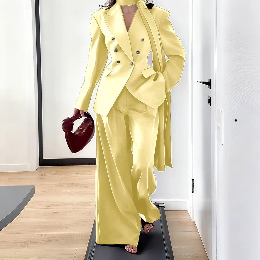 Elegant Women Double Breasted Suit Set Double Breasted Peaked Lapel Blazer+Pants Daily Slim Fit Office Evening Party Outerwears