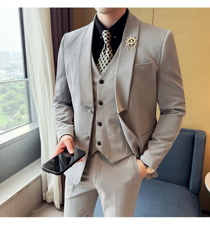 High Quality Casual Business Suit Set Men Slim Fit Social Wedding Groom Formal Set 3 Piece Set (jacket+vest+pant）men Clothing
