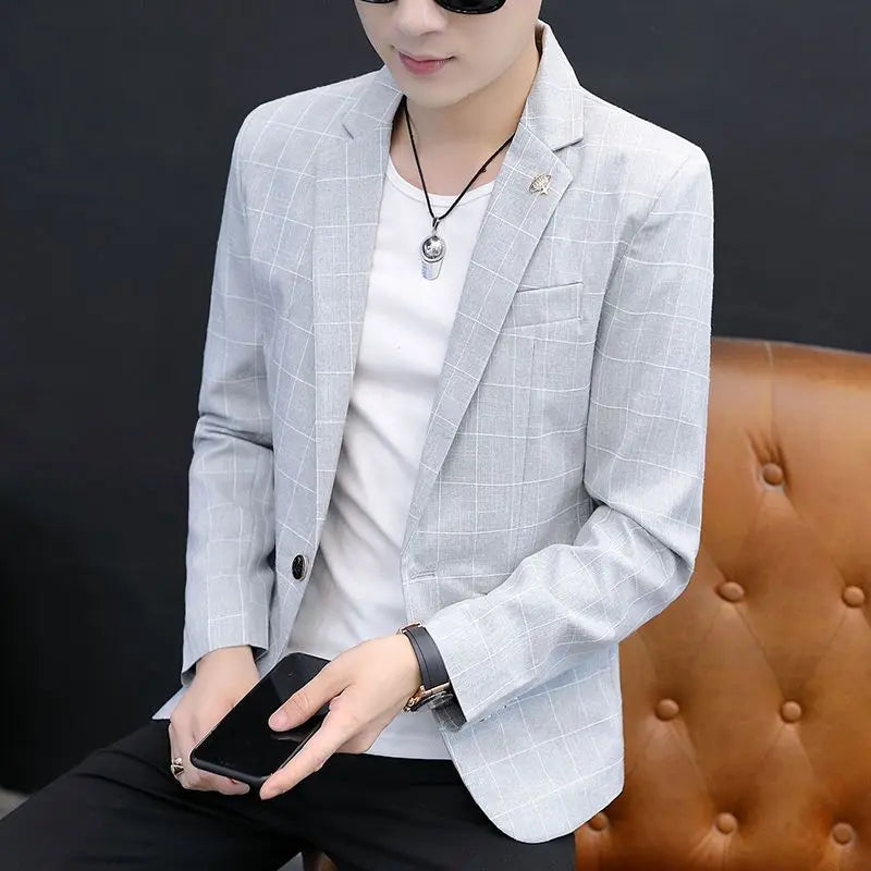 Men Autumn Plaid Blazer Korean Slim Fit Casual Suit Jacket Fashion Trendy Outerwear