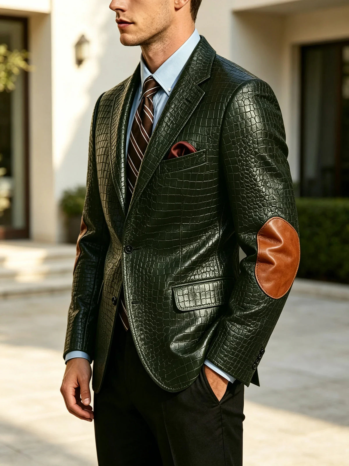 Men's Faux Leather Blazer  Crocodile Pattern Printed Sports Coat Jacket with Elbow Patch  For Party Prom Banquet Wedding Office