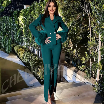 Luxury Feather Women's Suit Sim Fit Peak Lapel Jacket Pants with Split Fashion Outfit for Office Lady Party Business Wear