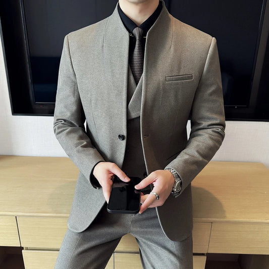 New Chinese Stand-up Collar Woolen Suit Autumn Winter Men's Business Casual Groom Wedding Slim Fit Suit Tuxedo ( Jacket+Pants )