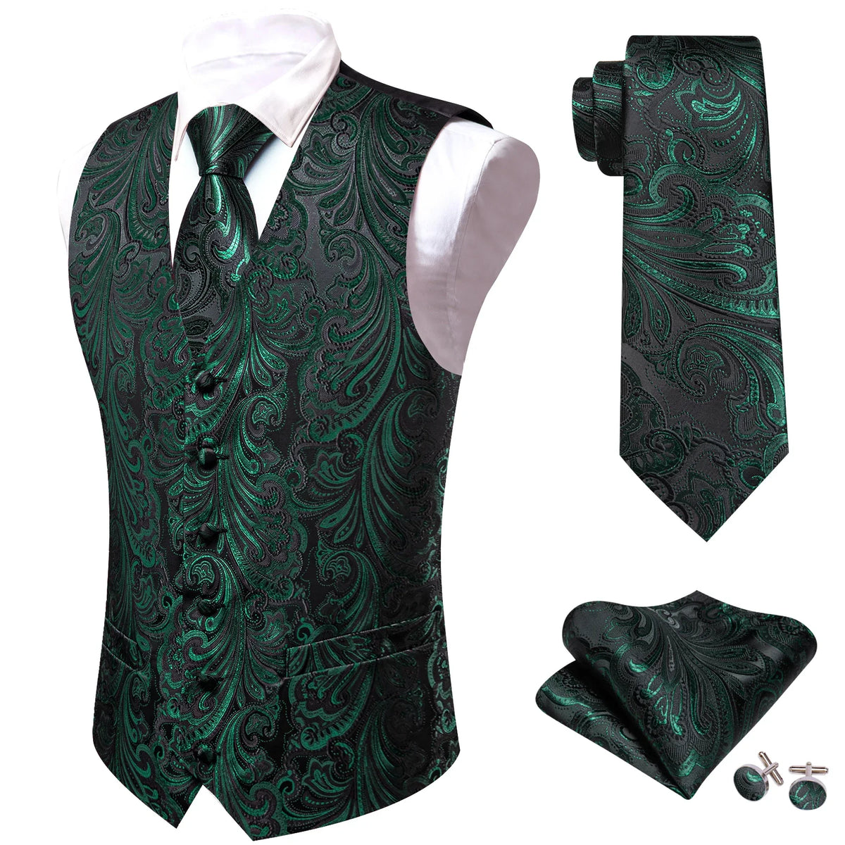 Men's Suit Vest 4-Piece Set – Black Glossy Floral Jacquard Waistcoat for Wedding & Formal Occasions