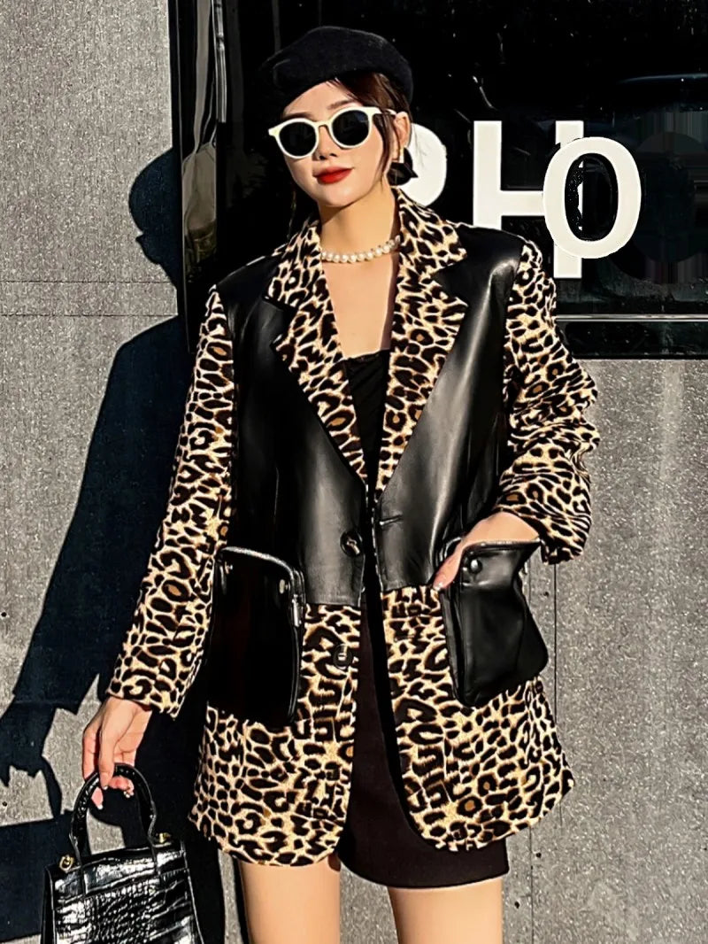Fashion Women Sheepskin Spliced Mid-Long Blazers Coat Long Sleeve Notched Collar Single Breasted Zipper Pocket Casual Jacket Top