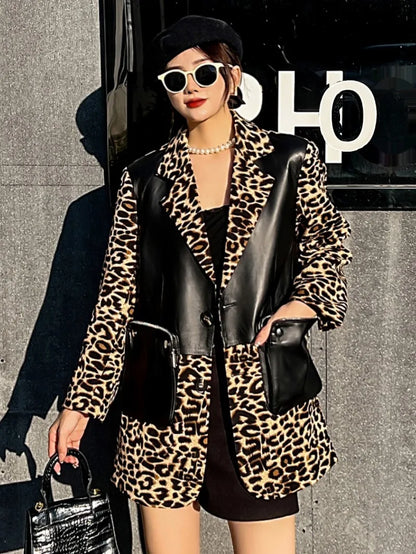Fashion Women Sheepskin Spliced Mid-Long Blazers Coat Long Sleeve Notched Collar Single Breasted Zipper Pocket Casual Jacket Top