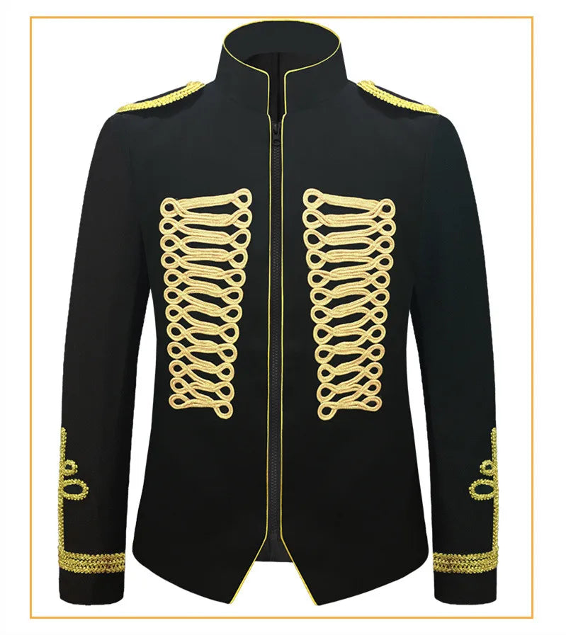 Men's European Style Stand Collar Zipper Blazer Golden Rope Detail Cosplay Middle Ages Tuxedo for Stage Performances And Parties