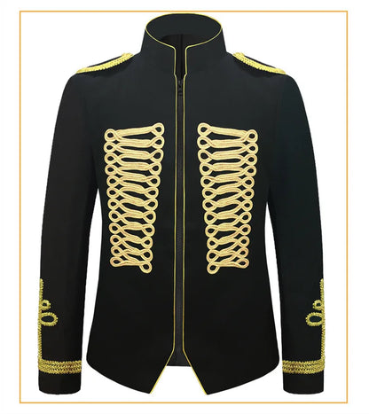 Men's European Style Stand Collar Zipper Blazer Golden Rope Detail Cosplay Middle Ages Tuxedo for Stage Performances And Parties