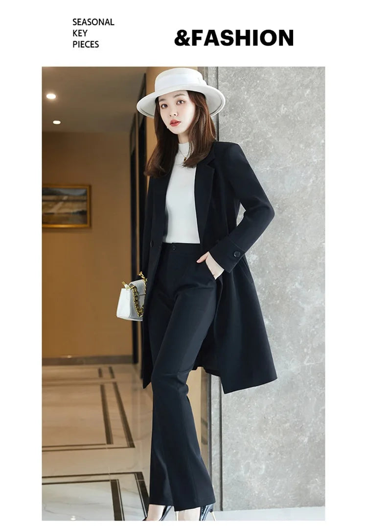 2022 Winter High-end Women's Business Suit Pants Two-piece Set Temperament Slim Solid Color Lady Double Breasted Trench Coat
