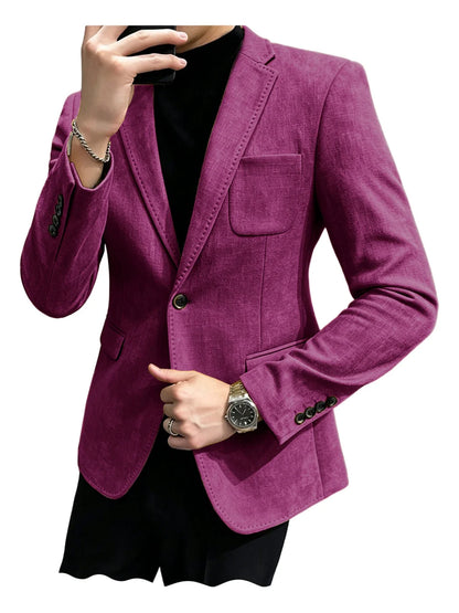 Mens Blazer Linen Blend Notched Lapel 1 Button Slim Fit Stitched Edge Patch Pockets Business Casual Daily Soft Breathable Jacket