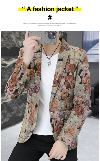 Blazer Fashion Print Trend All-in-one Wedding Outdoor Casual Gentleman Party Comfort Korean Business Men Slim Blazer