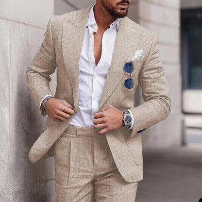 Men's 2-Piece Linen Suit – Slim Fit Notch Lapel Blazer & Trousers for Wedding, Business & Formal Occasions
