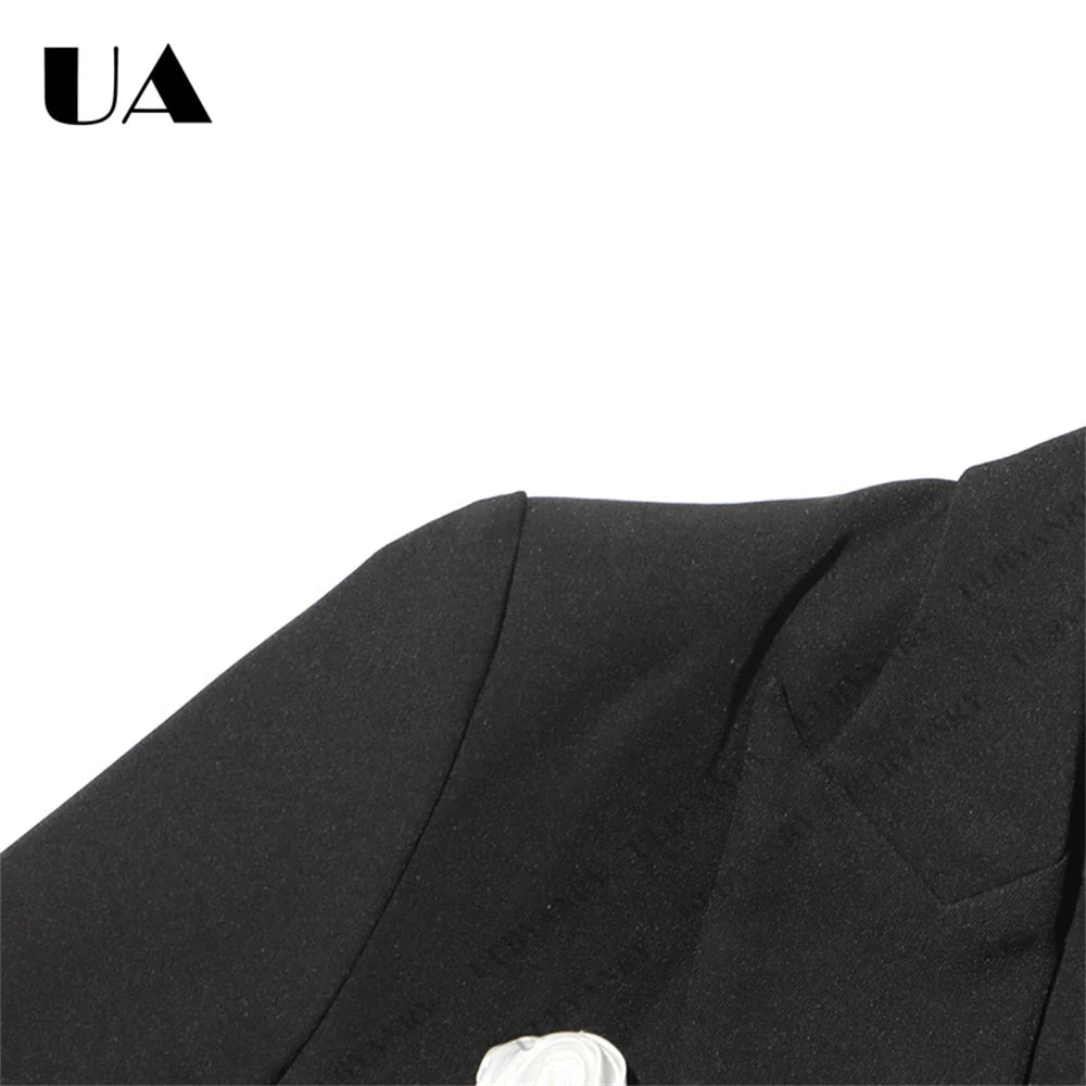 Unique Design Women’s Blazer – Black, 3D White Rose, Long Sleeve, Button Closure, Work Date Jacket Office Casual Jacket