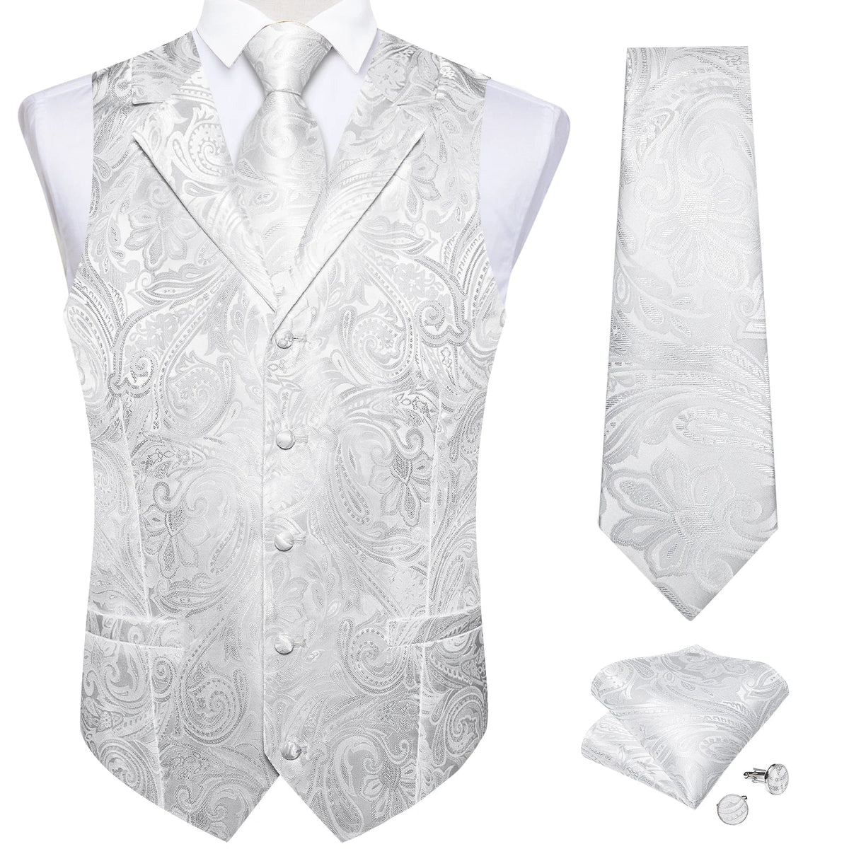 Men's Paisley Suit Vest – Single-Breasted Waistcoat with Tie, Handkerchief & Cufflinks for Weddings & Banquets