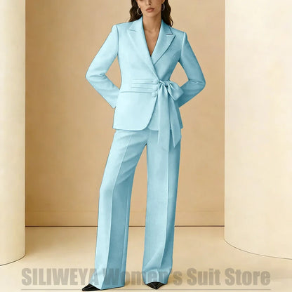 Women's Suit 2 Piece Bow Belt Design Formal Outfit for Wedding Party Prom Office Fashion Peak Lapel Daily Casual Lady Suits