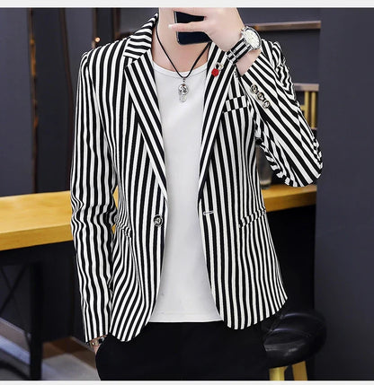 Men's Slim Fit Striped Casual Suit Jacket Korean Fashion Four Seasons New Boutique Handsome Small Suit