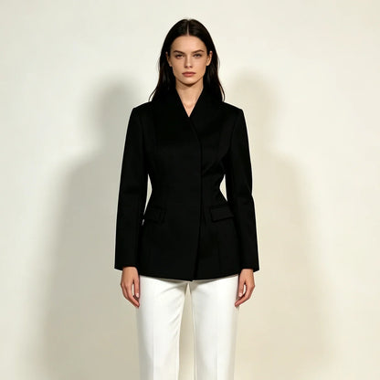 2026 New Women V Neck Blazer No Lapel Waist Shaping Suit Jacket Elegant Office Formal Outerwear 5 Colors