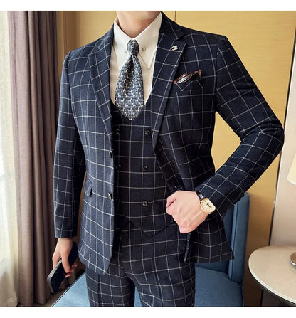 Men's 3-Piece Slim Fit Plaid Suit – Jacket, Vest & Pants for Weddings, Office & Formal Occasions