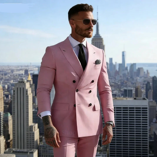 Men Suit 2 Pieces Double Breasted Solid Color For Business Casual Wedding Groom Banquet Work Tuxedo Jacket With Pants