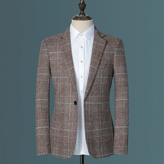Men's Slim Fit Single Breasted Plaid Blazer – Smart Casual Suit Jacket for Office & Daily Wear