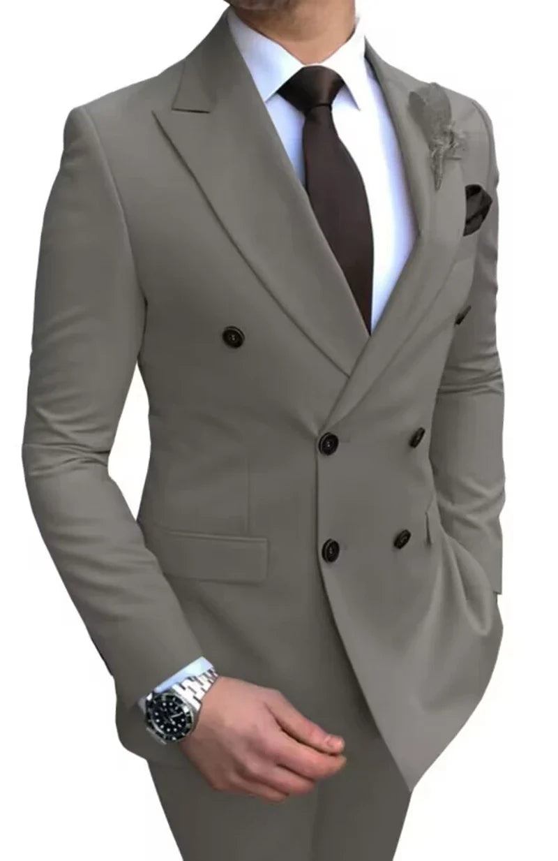 Formal Men's Suits 2 Pieces Jacket Pants Handsome Peak LapelDouble Breasted Suit Set For Men Groom Tuxedo Party Prom Hot Sale