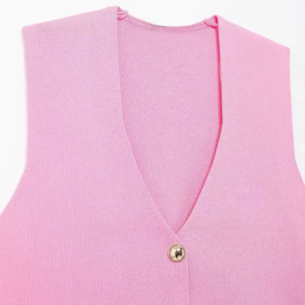 Women's Front Button Crop Knit Vest Sweater, V Neck, Sleeveless, Female Waistcoat, Chic Tops, Fashion