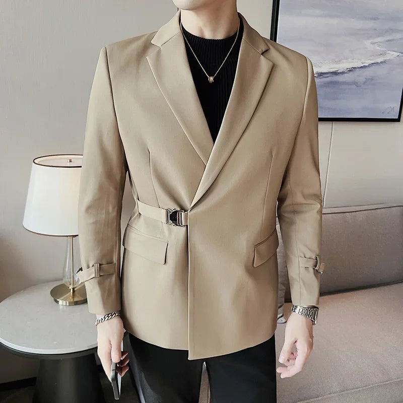 Men's Slim Fit Blazer Metal Buckle Decoration Smart Casual Wedding Party Jacket