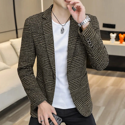 Men's Slim Fit Blazer Single Breasted Plaid Smart Casual Suit Jacket