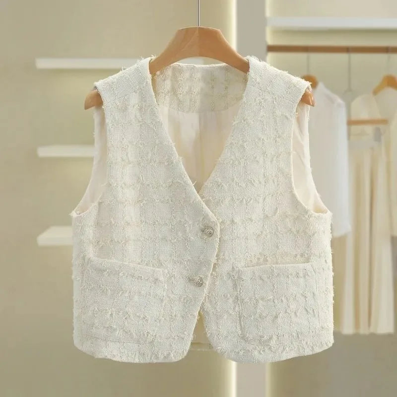 Women Small Fragrance Vest New Spring Autumn Tweed Vest Coat Sleeveless Short Jacket Female Casual Tops Waistcoat Chaleco Mujer