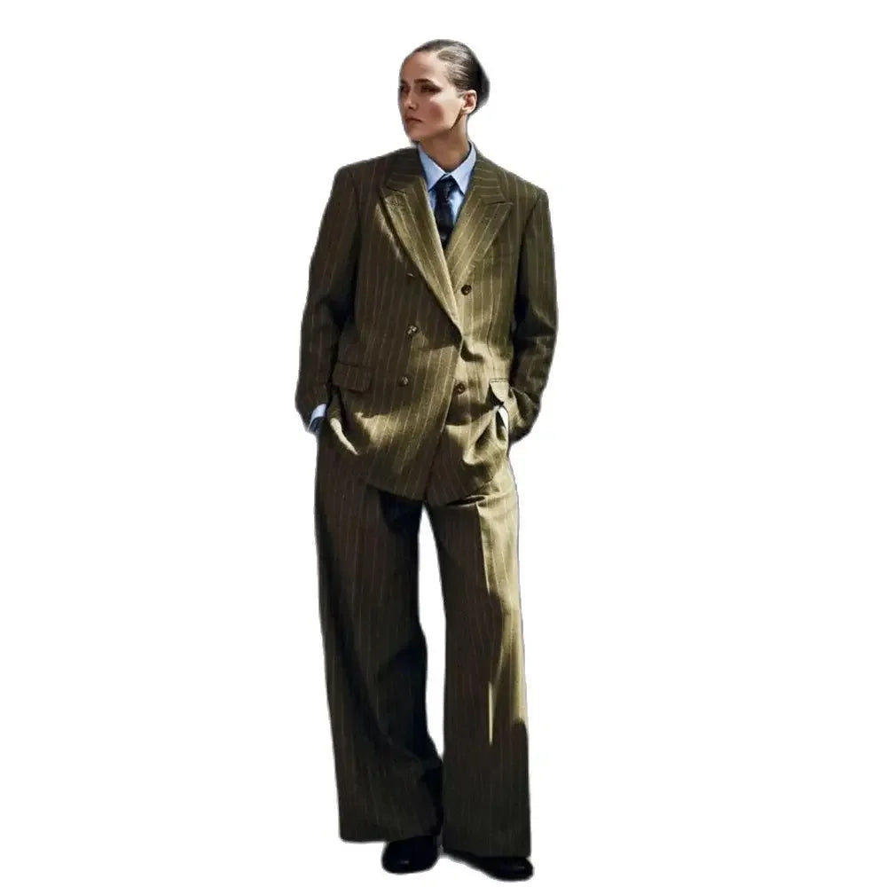 Green Stripes Women's Pants Sets Loose Two Pieces High-end Double Breasted Suits Office Work Fashion Outfits( Blazer+Trousers)