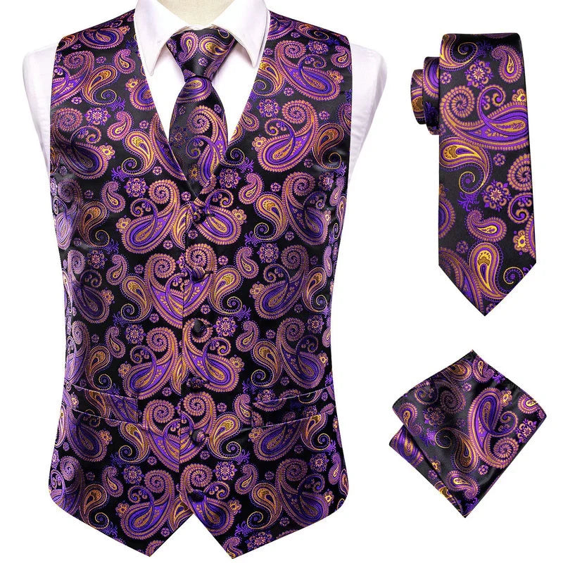 Men's Double Breasted Jacquard Waistcoat Vest Tie Pocket Square Set – Ivory Paisley Wedding & Formal Suit