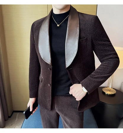 British Style PU Patchwork Suit for Men Casual Business Wedding Suits 2 Pieces Set (jacket+pant) Office Work Party Prom Suit