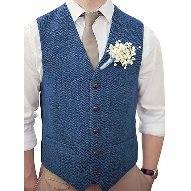 Men's Vest Herringbone V-Neck Single Button Waistcoat for Wedding, Business & Casual Wear