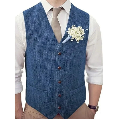 Men's Vest Herringbone V-Neck Single Button Waistcoat for Wedding, Business & Casual Wear