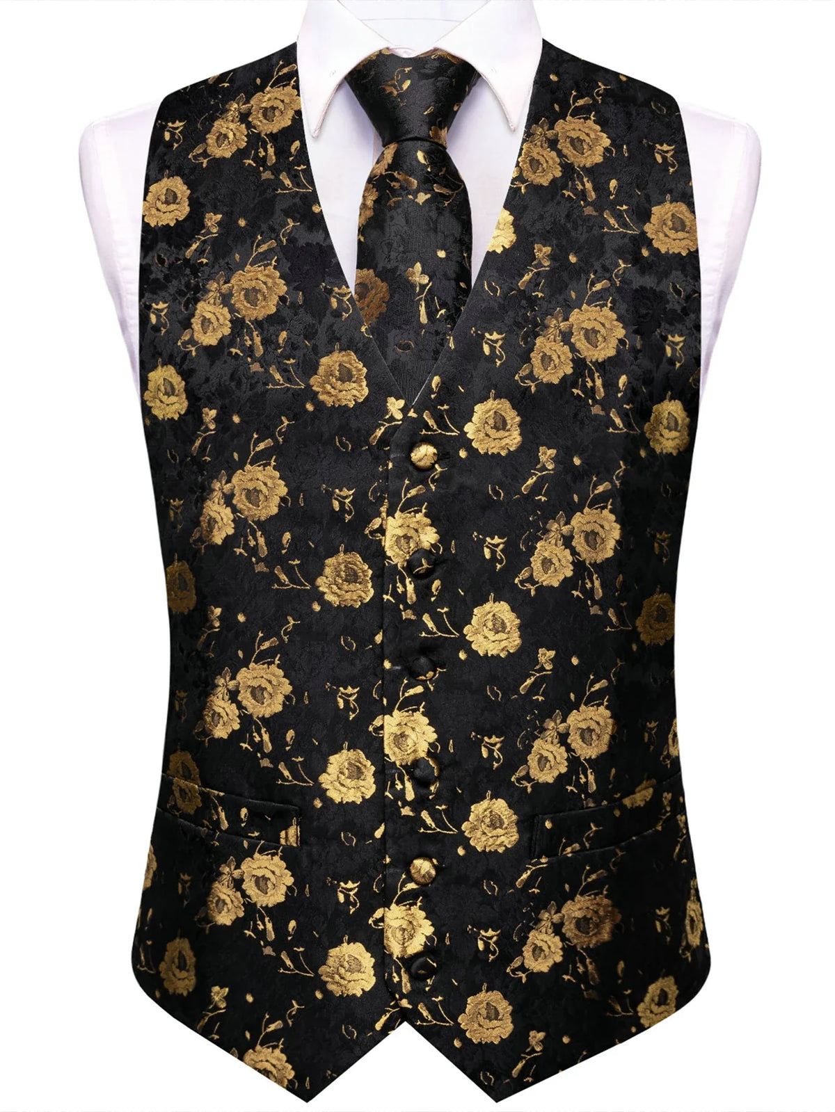 Men's Waistcoat Set Jacquard Floral Black Yellow Formal Wedding Tuxedo
