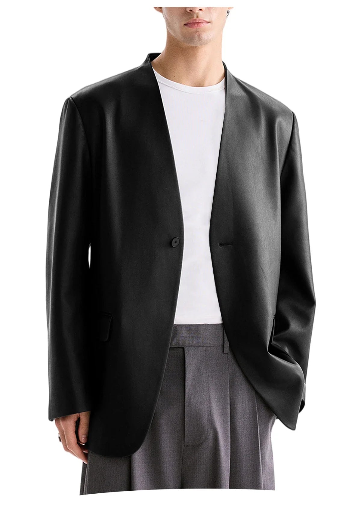 Men's PU Leather Collarless Blazer Single Button Loose Fit Jacket for Wedding Party Office
