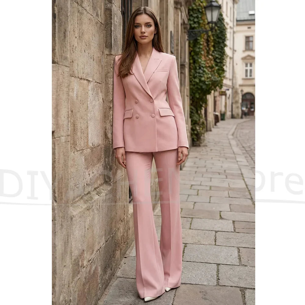 Pink Women Suit 2 Piece Chic Peak Lapel Double Breasted Jacket with Trousers Slim Fit Business Casual Office Lady Daily Outfit