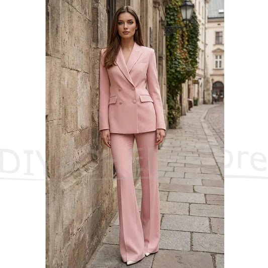 Pink Women Suit 2 Piece Chic Peak Lapel Double Breasted Jacket with Trousers Slim Fit Business Casual Office Lady Daily Outfit