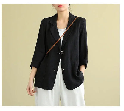 Casual Cotton and Linen Suit Jacket Women 2025 Spring and Summer New Loose solid Long-sleeved Blazer Woman Sunscreen Clothing