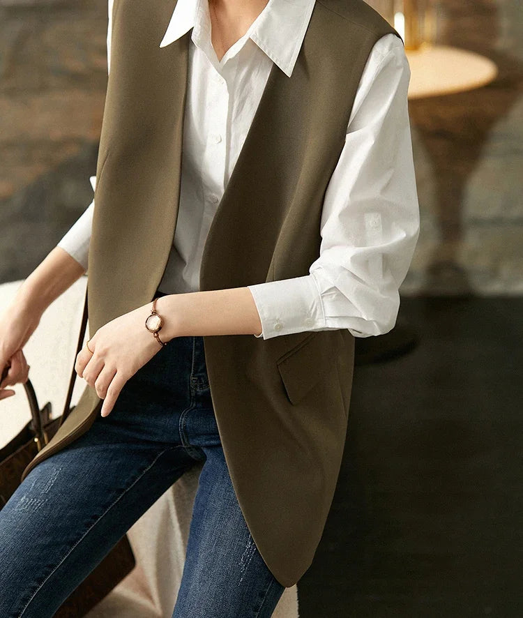 Elegant Waistcoat for Women 2024 Spring Office Wear Fashion Jacket Vest Sleeveless Straight V-neck Blazer 161JA6877X