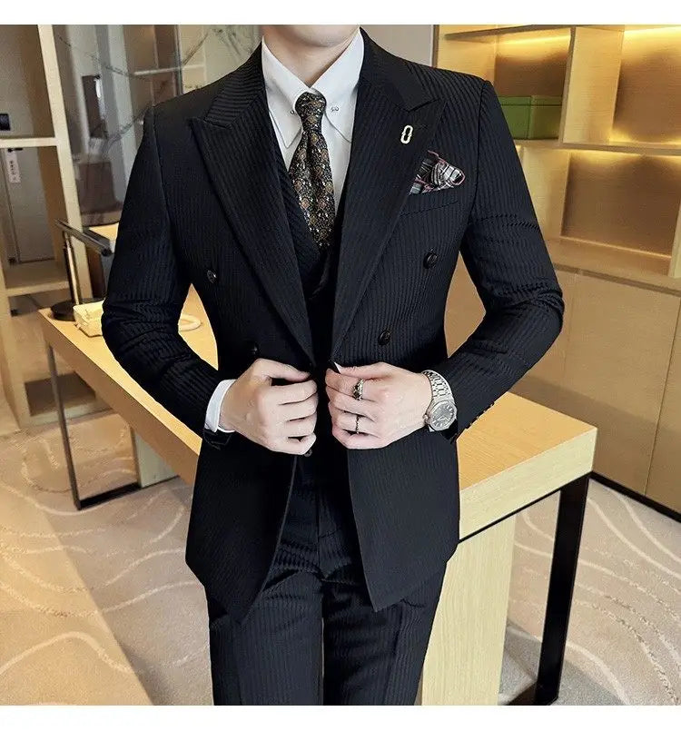 Korean Slim Fitt Wedding Suit Fashion Striped Double Breasted Suit 3 Piece Set Business Formal Casual Party Prom Host Suits