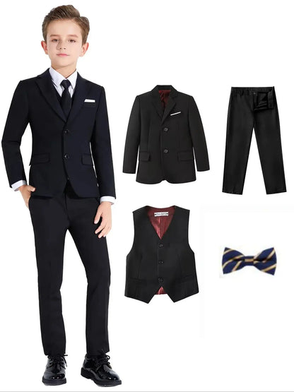 Kids Suit Set Notched Lapel Boys Formal 4-Piece Black Navy for Communion Wedding