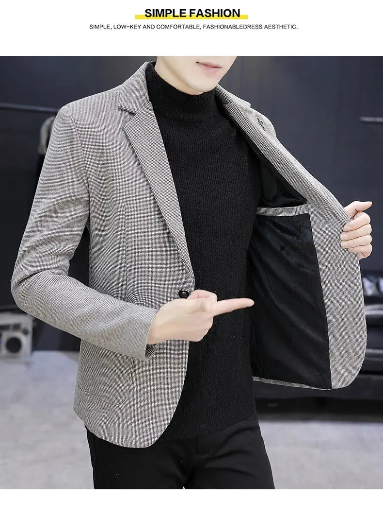 Blazer: An Outdoor Fashion Business Gentleman Pure Color Wedding Host Slim-fit Casual Korean-style Versatile Men Fleece Blazer