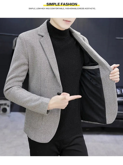 Blazer: An Outdoor Fashion Business Gentleman Pure Color Wedding Host Slim-fit Casual Korean-style Versatile Men Fleece Blazer