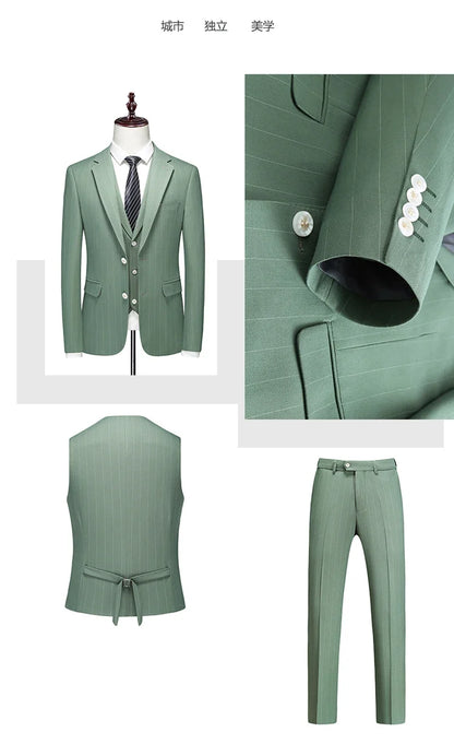 2024 Men's Casual Three-Piece Dress Suit Slim Fit Striped Wedding Outfit with Vest And Trousers High-Quality Fashionable