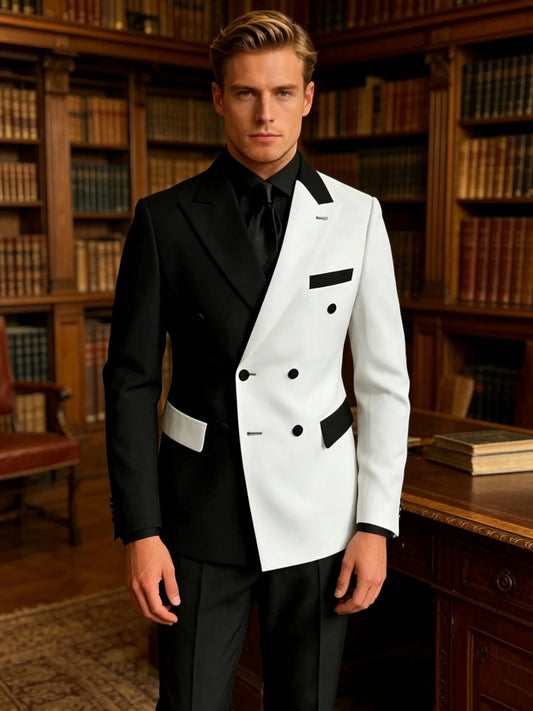 2Pieces Peaked Lapel Double Breasted Suits for Men Wedding Slim Fit Formal Groom Tuxedo Black White Suit Jacket with Pants