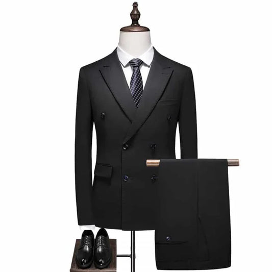 Men Suit Black 2 Piece Double Button With Lapel Solid For Wedding Groom Birthday Banquet Party Prom Business Work Jacket Pants