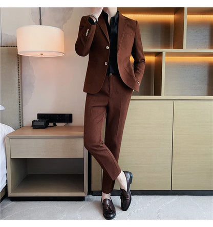 2025 New Waffle Blazers +Pant 2 Piece Set Men Fashion Business Slim Fit Solid Tuxedo Groom Wedding Prom Wear Casual Men's Sets