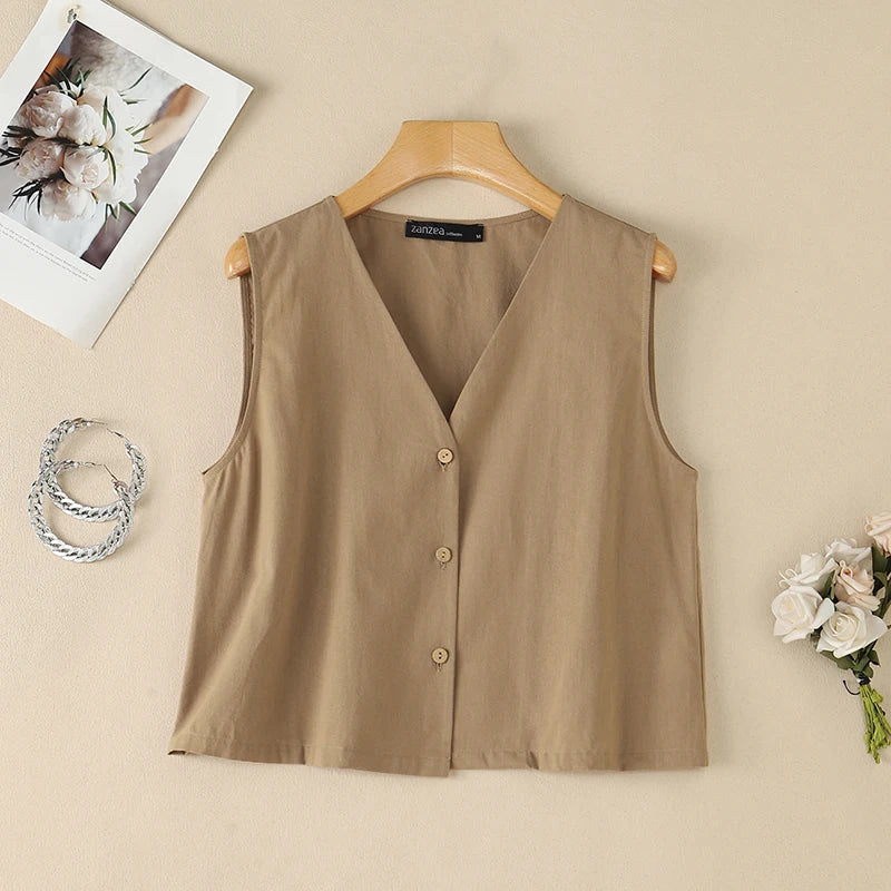 Woman Breathable Cotton Linen Solid Color Tank Tops Summer V-Neck Button Up Sleeveless Tops ZANZEA Daily Casual Vacation Tanks