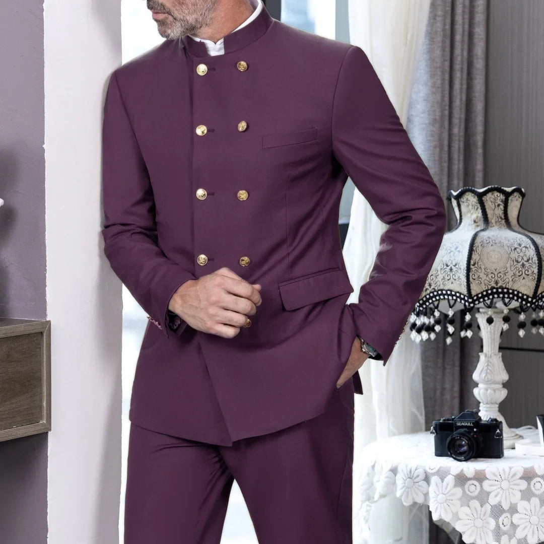 Men Suit 2 Piece Light Brown Double Button Hight Neck For Wedding Groom Business Party Prom Banquet Work Office Jacket Pants