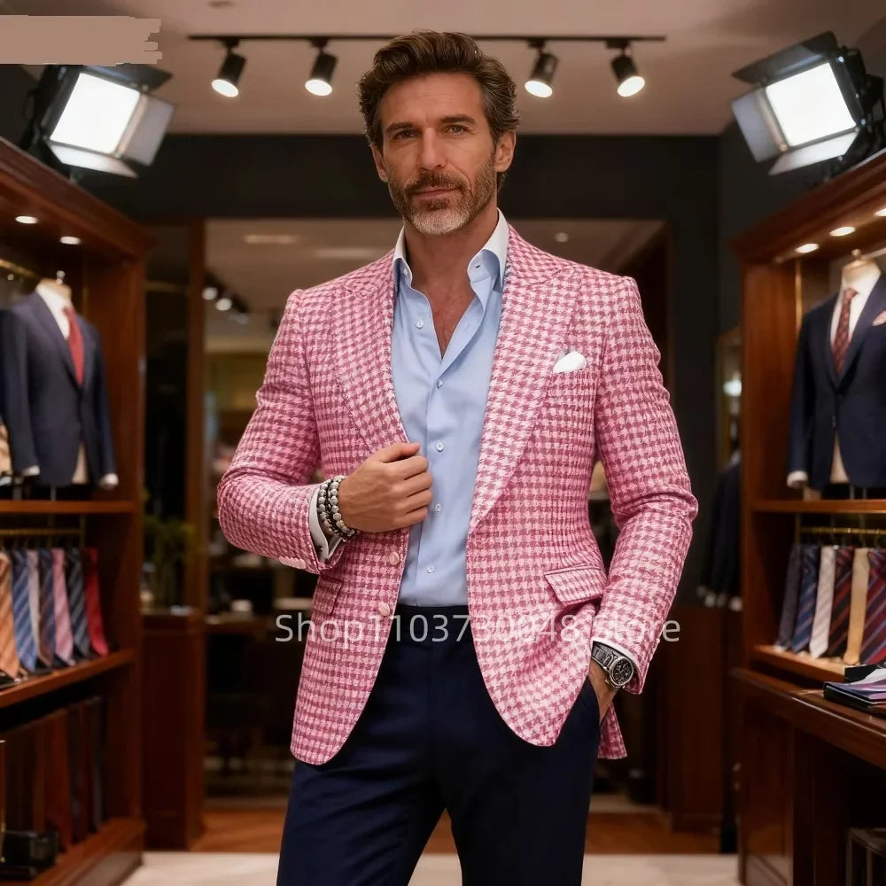 1 Piece Men's Pink Houndstooth Suit Jacket Formal Peak Lapel Blazer for Party Prom Business Groom Tuxedos Tops Only One Coat